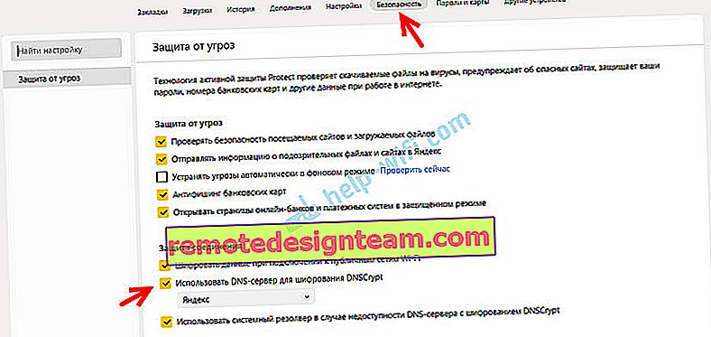 Mengaktifkan DNSCrypt untuk enkripsi DNS di Yandex Browser